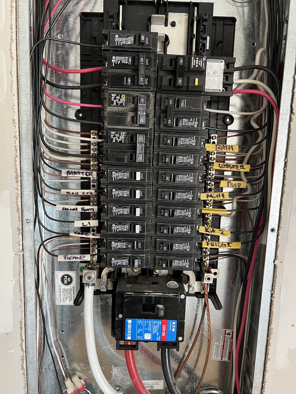 S&W Electric open breaker panel with neat hand-labeled circuits